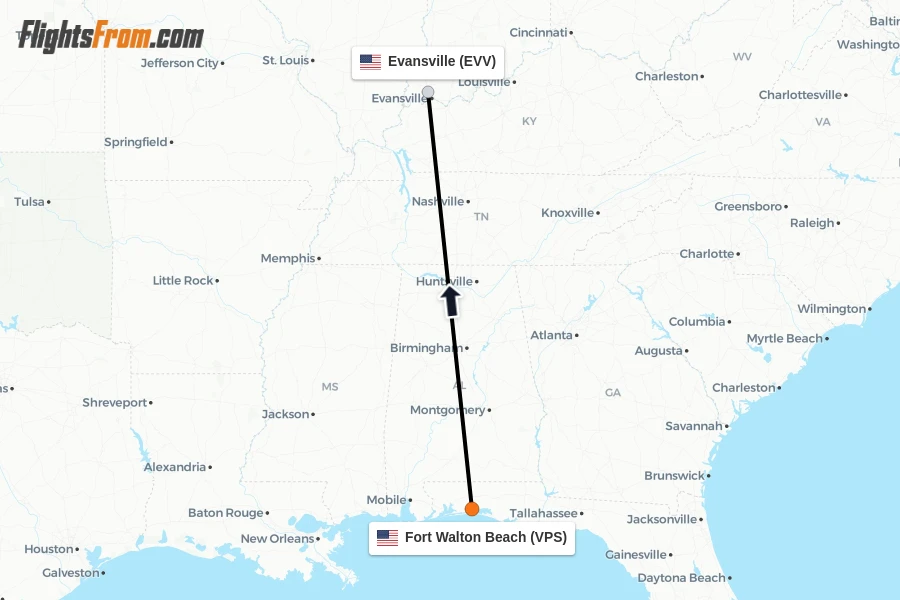 Flights from Fort Walton Beach to Evansville route map
