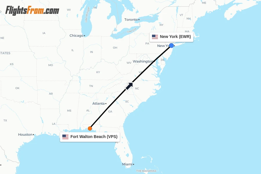 Flights from Fort Walton Beach to New York route map