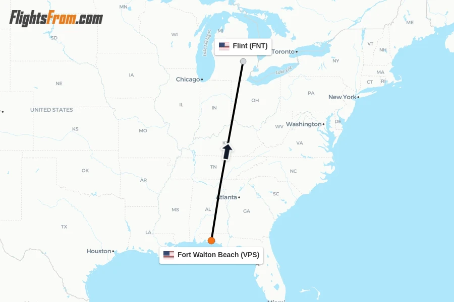 Flights from Fort Walton Beach to Flint route map
