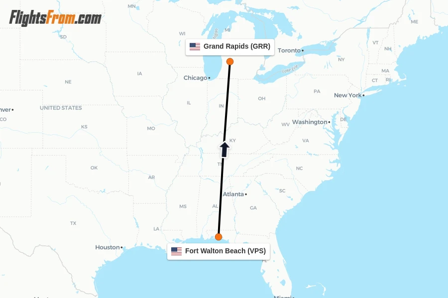 Flights from Fort Walton Beach to Grand Rapids route map