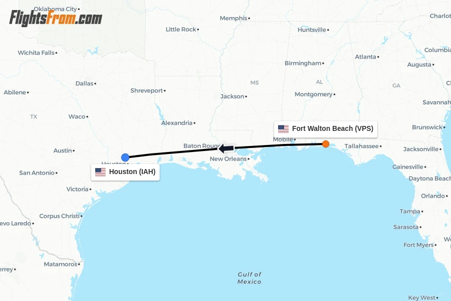 Flights from Fort Walton Beach to Houston route map