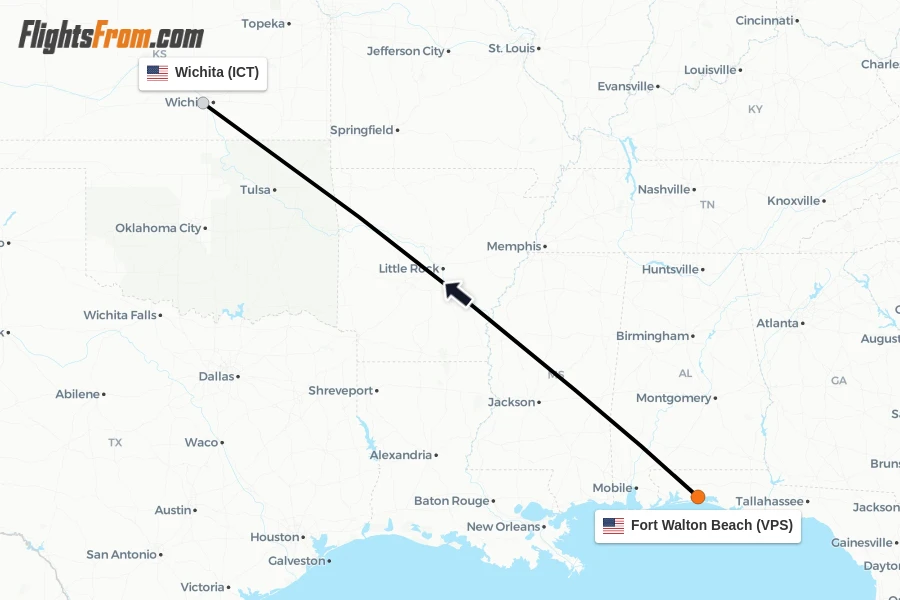 Flights from Fort Walton Beach to Wichita route map