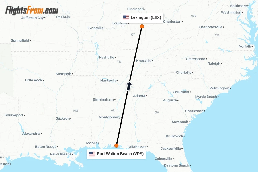Flights from Fort Walton Beach to Lexington route map