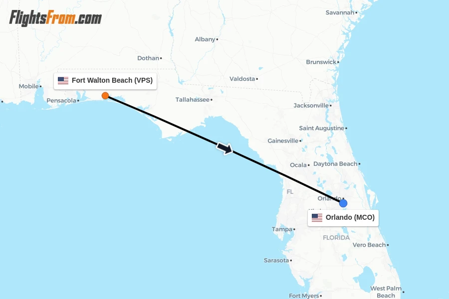 Flights from Fort Walton Beach to Orlando route map