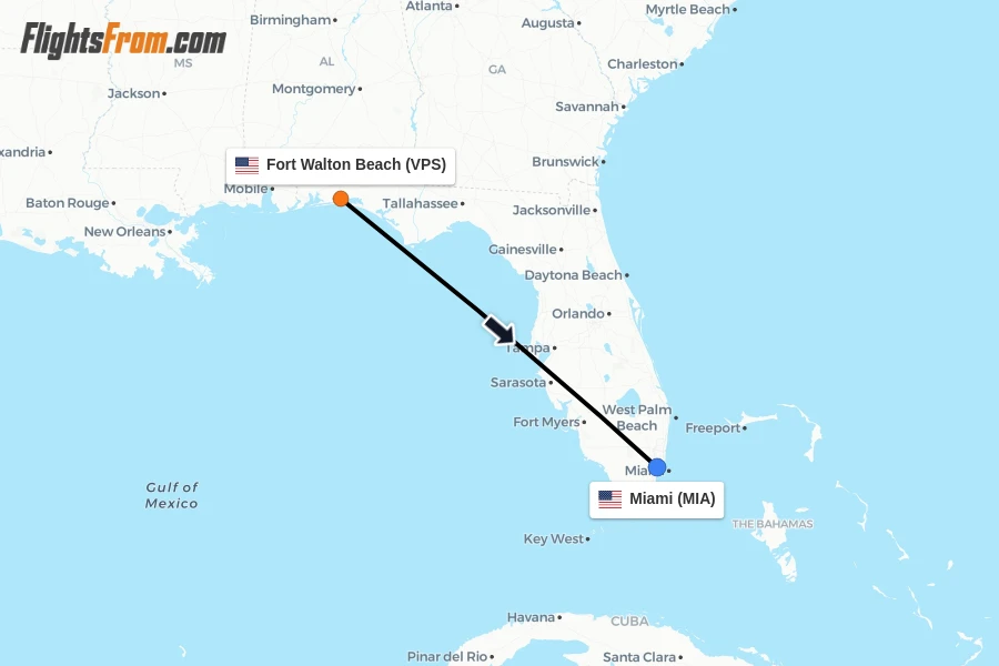 Flights from Fort Walton Beach to Miami route map