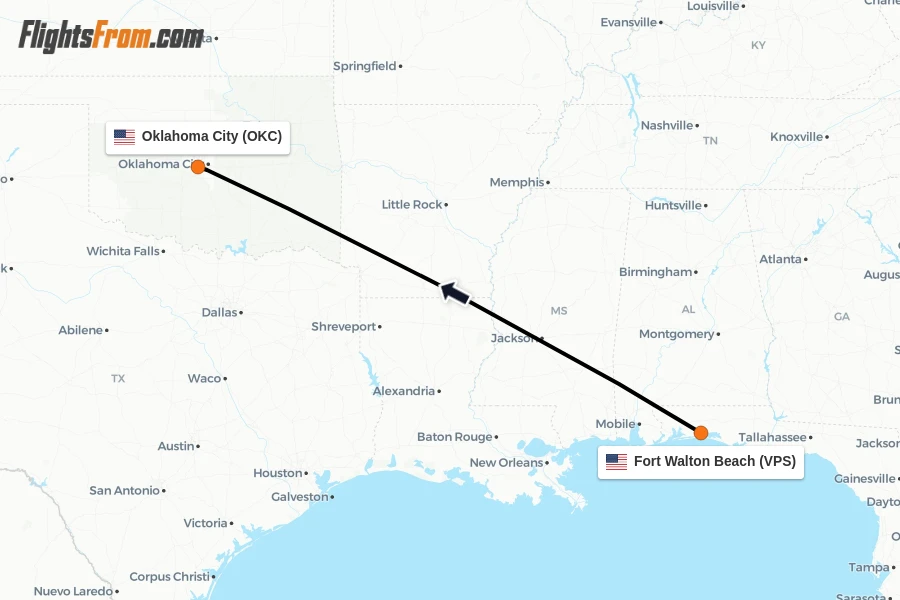 Flights from Fort Walton Beach to Oklahoma City route map