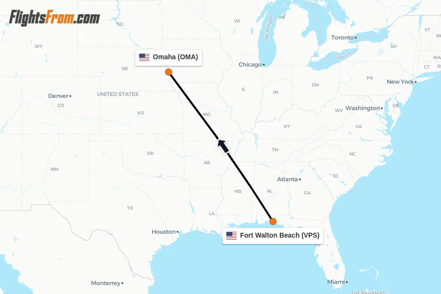 Flights from Fort Walton Beach to Omaha route map