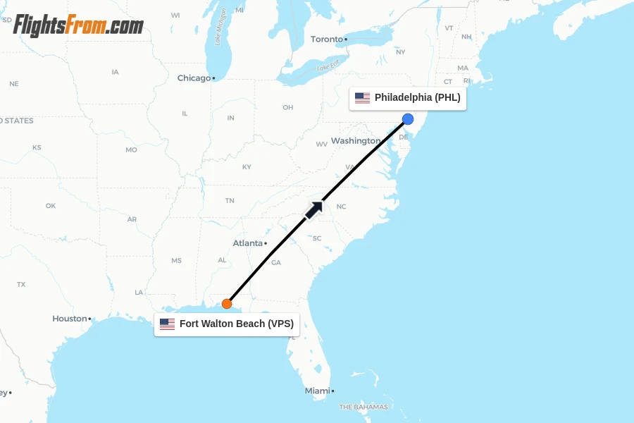 Flights from Fort Walton Beach to Philadelphia route map