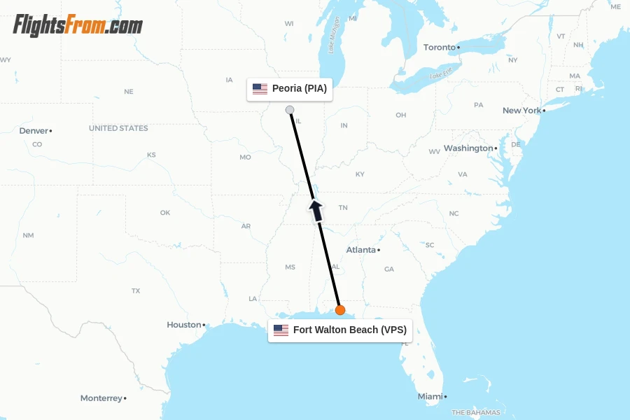 Flights from Fort Walton Beach to Peoria route map
