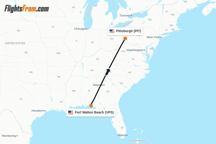 Flights from Fort Walton Beach to Pittsburgh route map