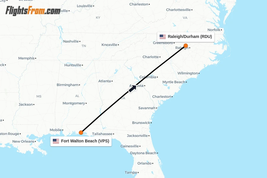 Flights from Fort Walton Beach to Raleigh/Durham route map