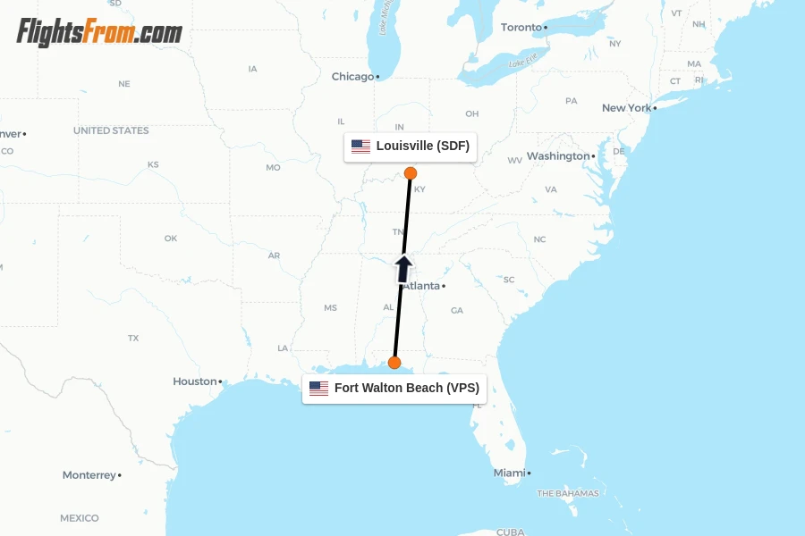 Flights from Fort Walton Beach to Louisville route map
