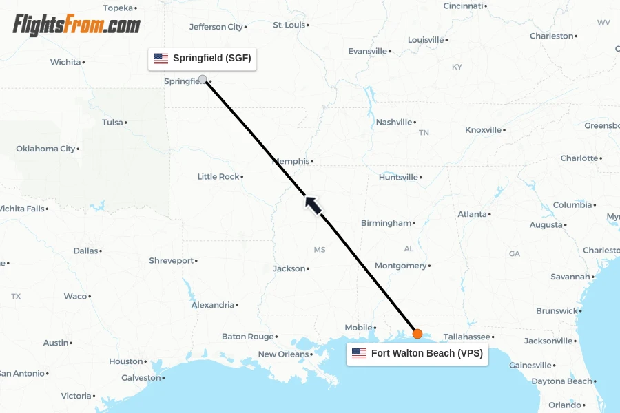 Flights from Fort Walton Beach to Springfield route map