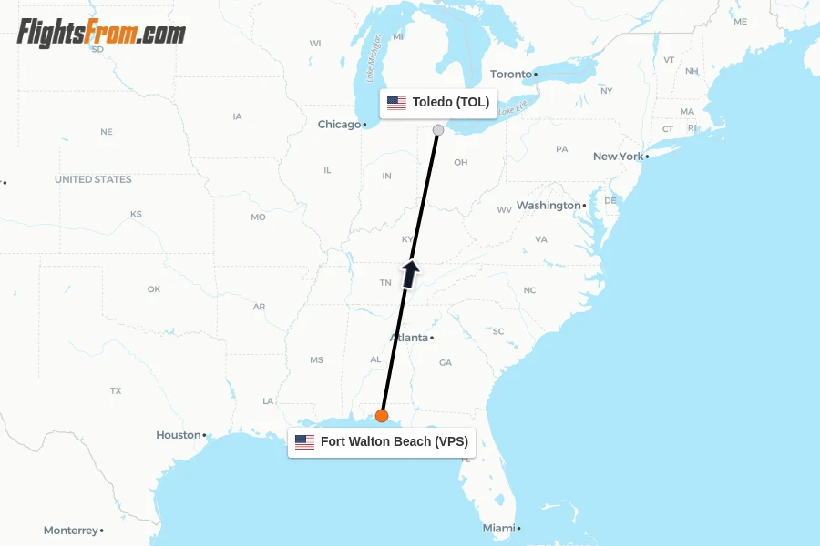 Flights from Fort Walton Beach to Toledo route map
