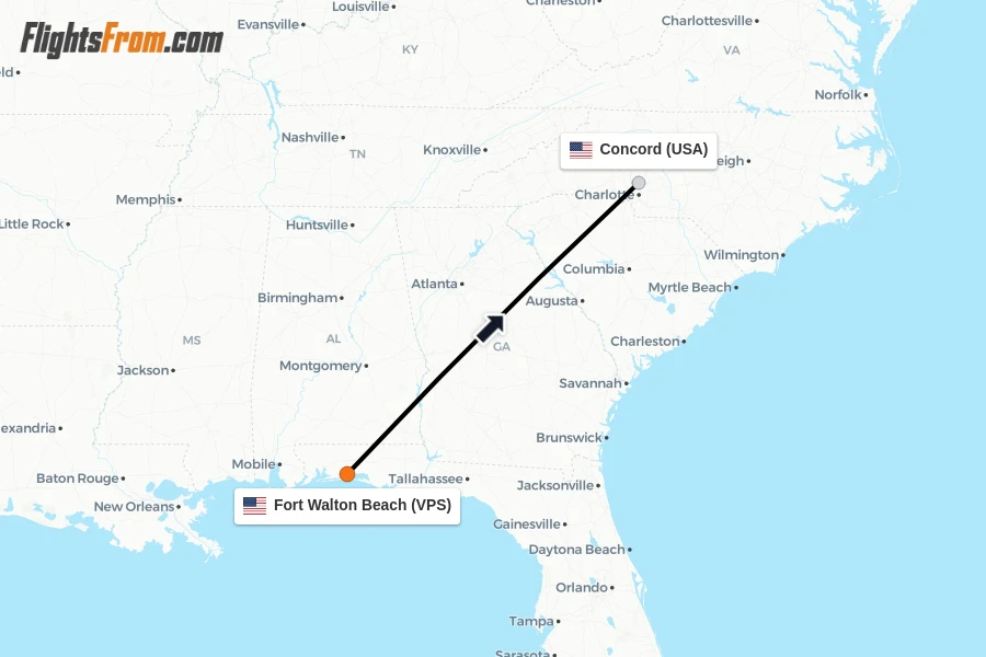 Flights from Fort Walton Beach to Concord route map