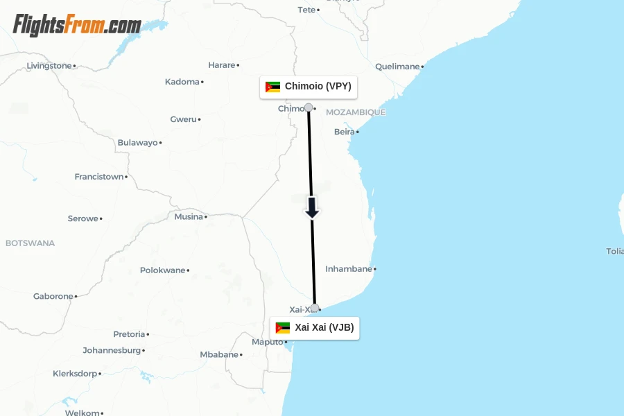 Flights from Chimoio to Xai Xai route map