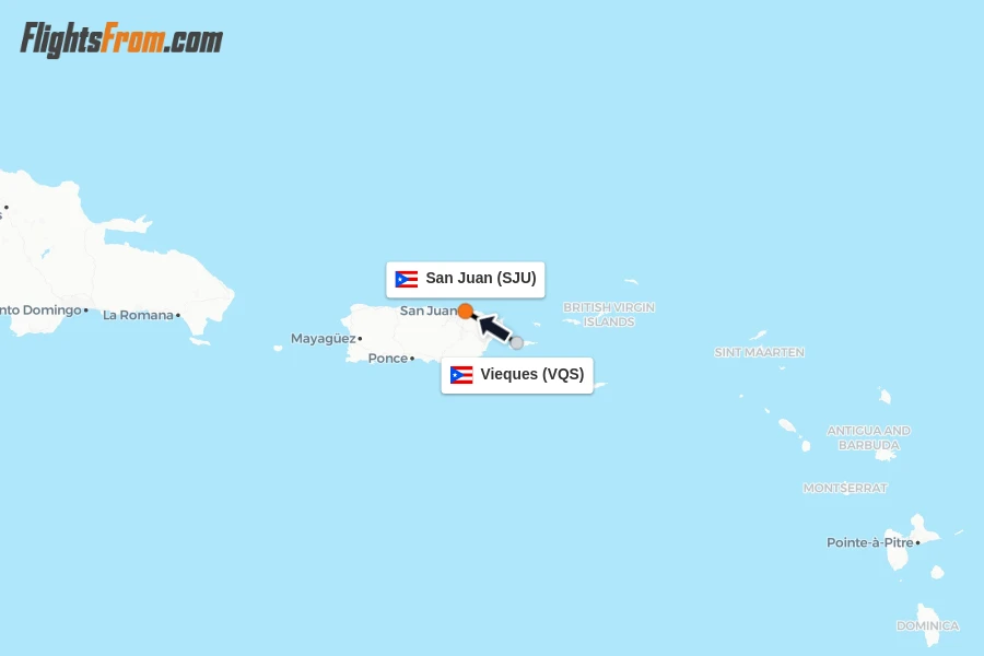 Flights from Vieques to San Juan route map