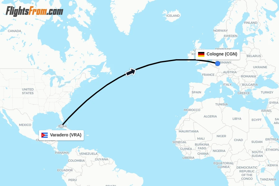 Flights from Varadero to Cologne route map