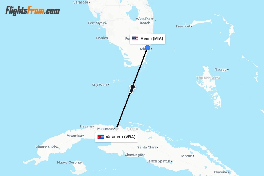 Flights from Varadero to Miami route map
