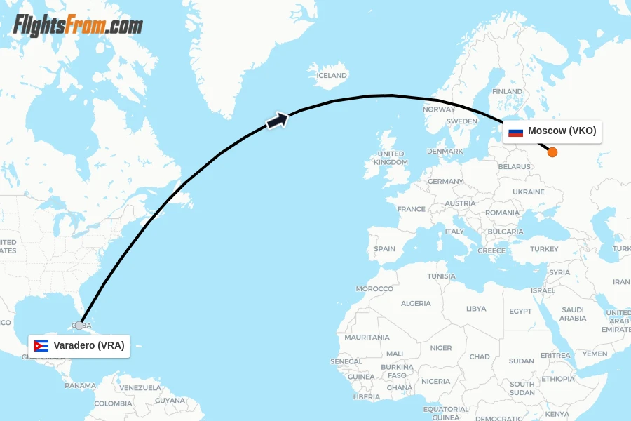Flights from Varadero to Moscow route map