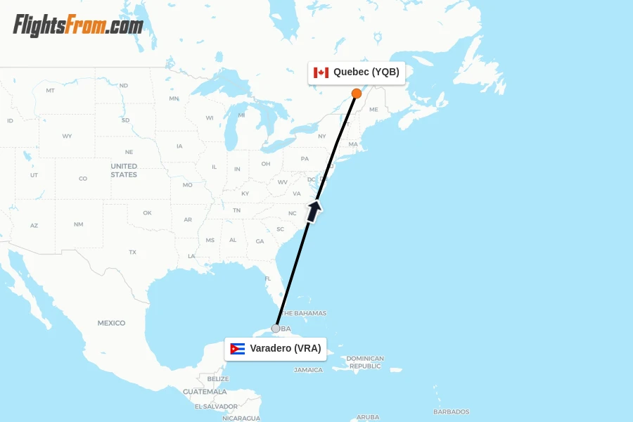 Flights from Varadero to Quebec route map