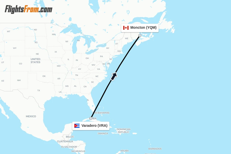 Flights from Varadero to Moncton route map