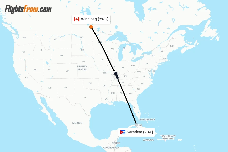 Flights from Varadero to Winnipeg route map