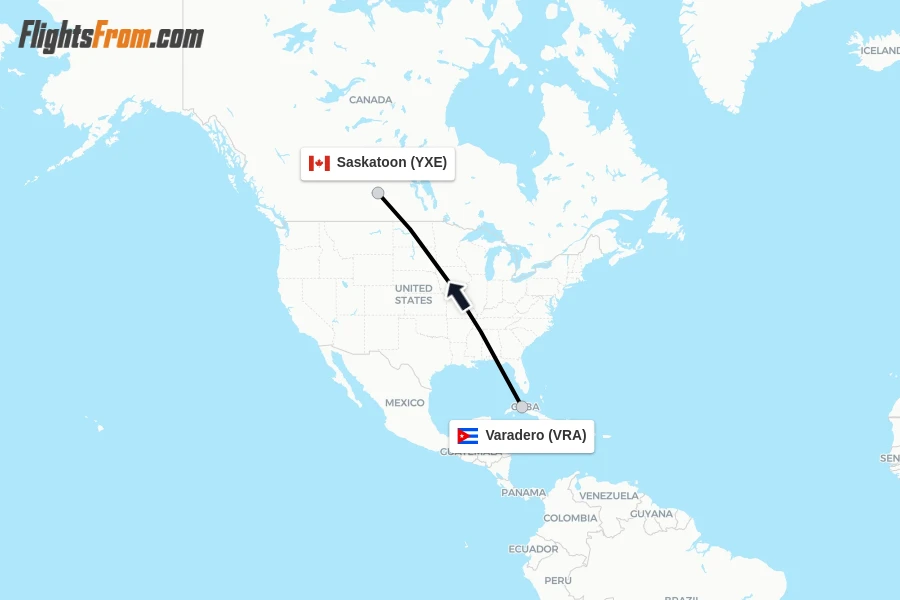 Flights from Varadero to Saskatoon route map