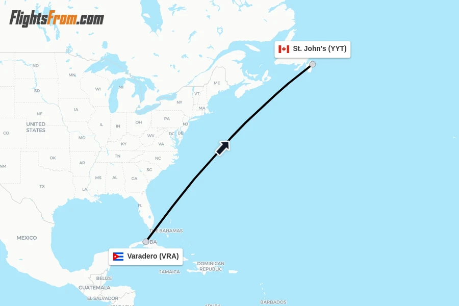 Flights from Varadero to St. John's route map