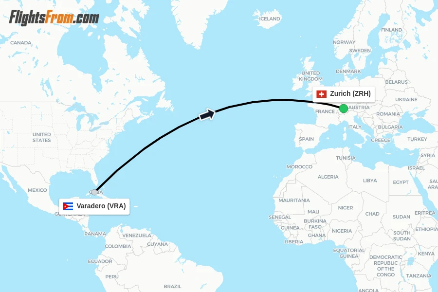 Flights from Varadero to Zurich route map