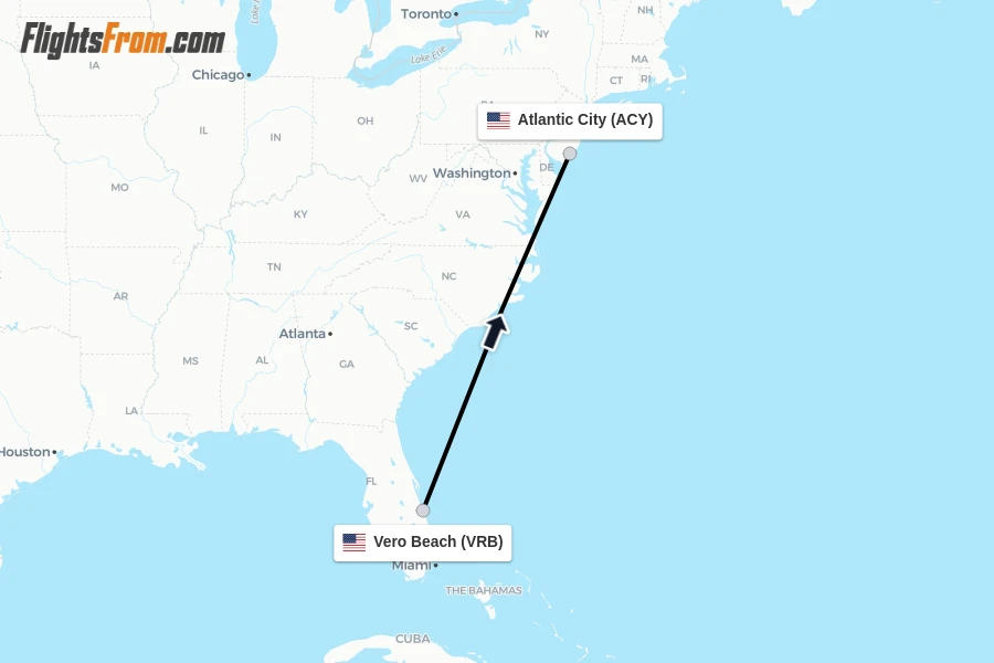 Flights from Vero Beach to Atlantic City route map