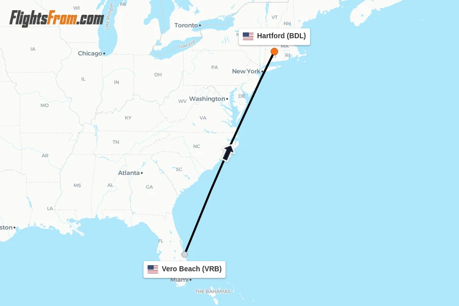 Flights from Vero Beach to Hartford route map