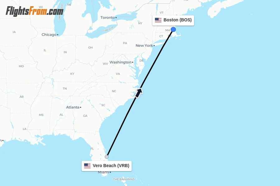 Flights from Vero Beach to Boston route map