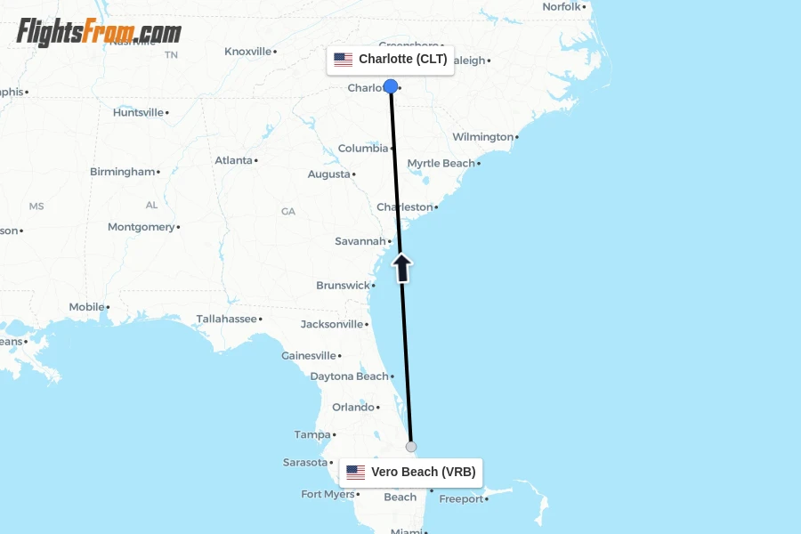 Flights from Vero Beach to Charlotte route map