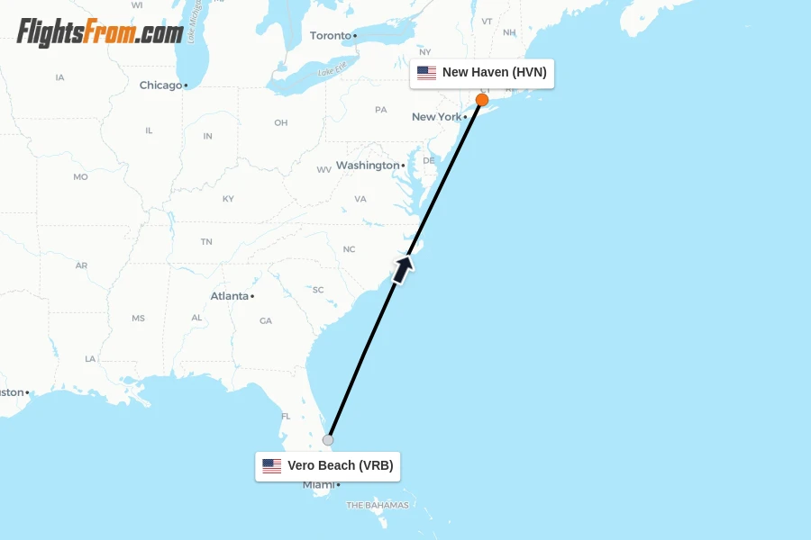 Flights from Vero Beach to New Haven route map