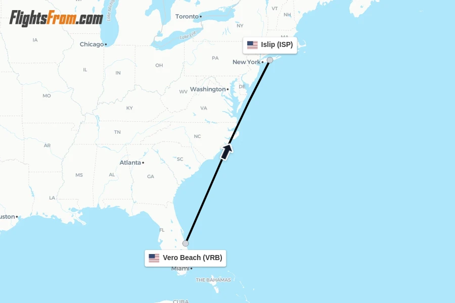 Flights from Vero Beach to Islip route map