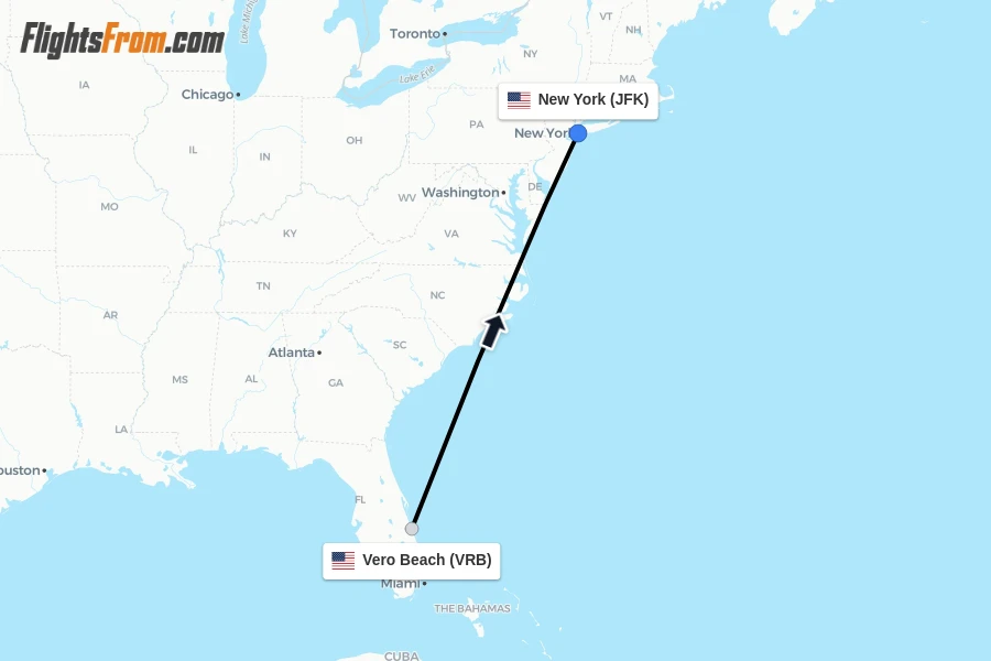 Flights from Vero Beach to New York route map