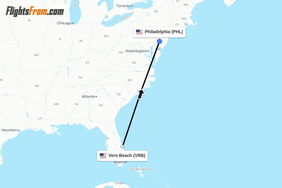 Flights from Vero Beach to Philadelphia route map