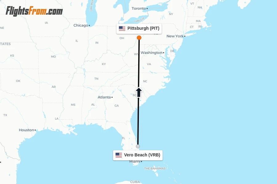 Flights from Vero Beach to Pittsburgh route map