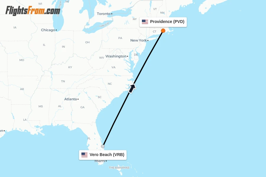 Flights from Vero Beach to Providence route map