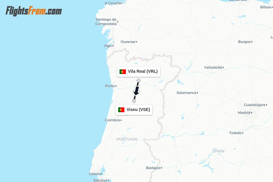 Flights from Vila Real to Viseu route map