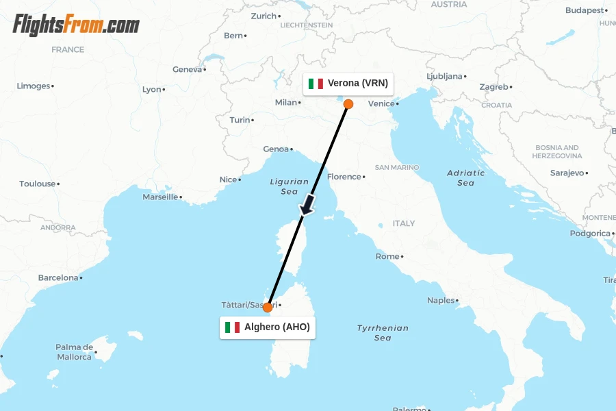 Flights from Verona to Alghero route map