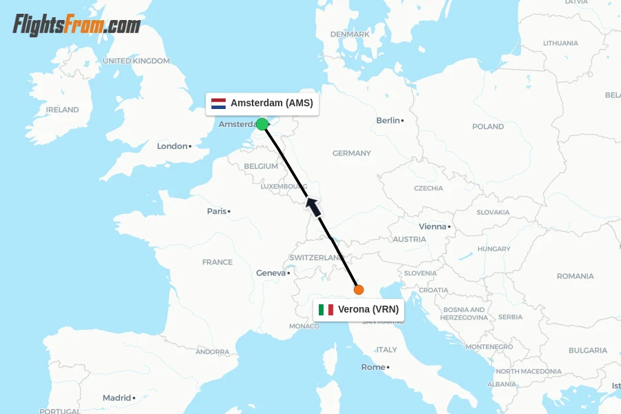 Flights from Verona to Amsterdam route map