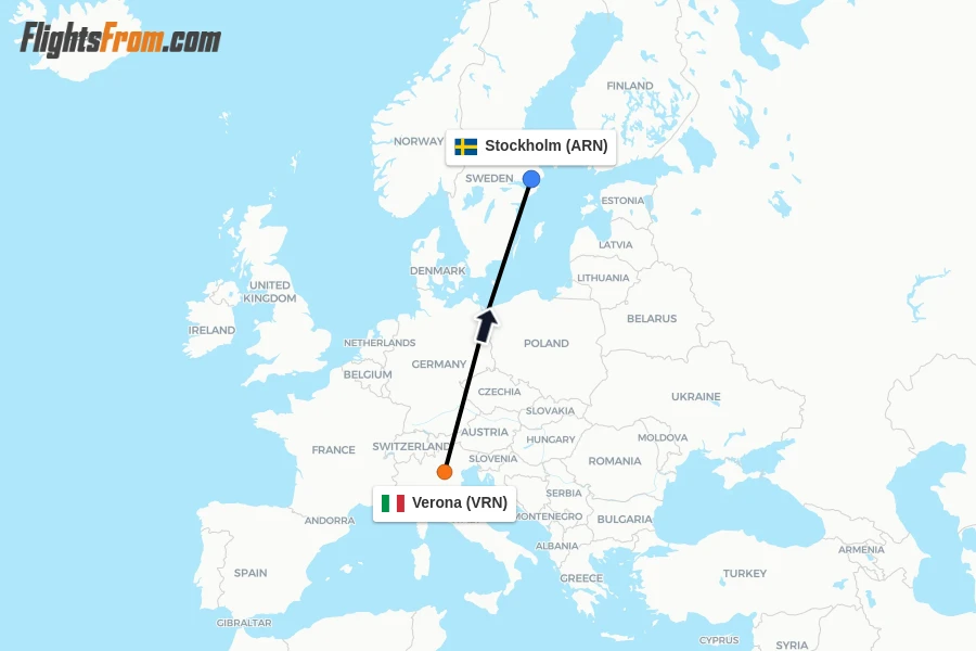 Flights from Verona to Stockholm route map