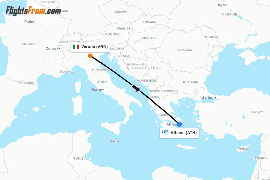 Flights from Verona to Athens route map