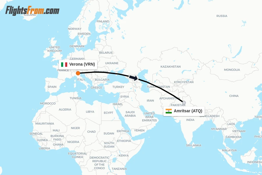 Flights from Verona to Amritsar route map
