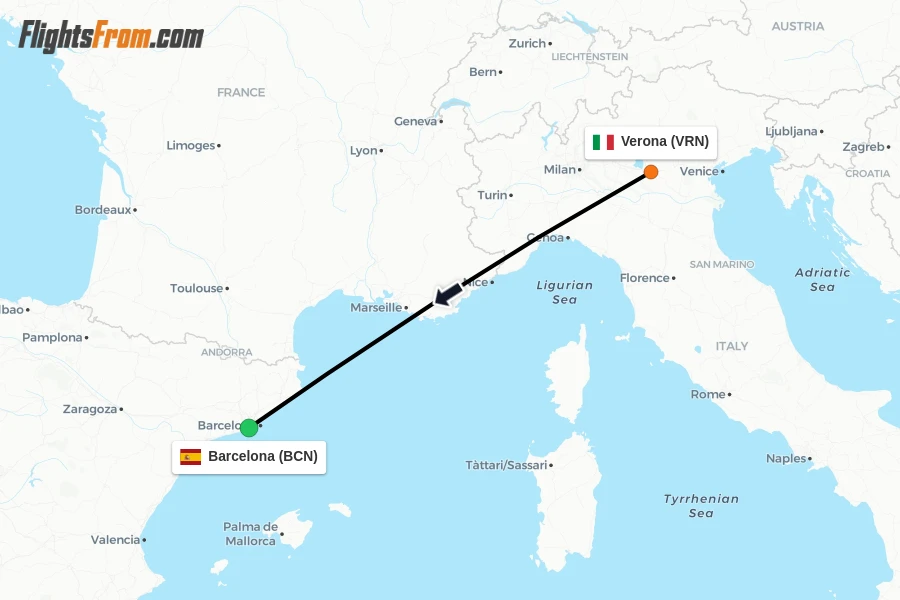 Flights from Verona to Barcelona route map