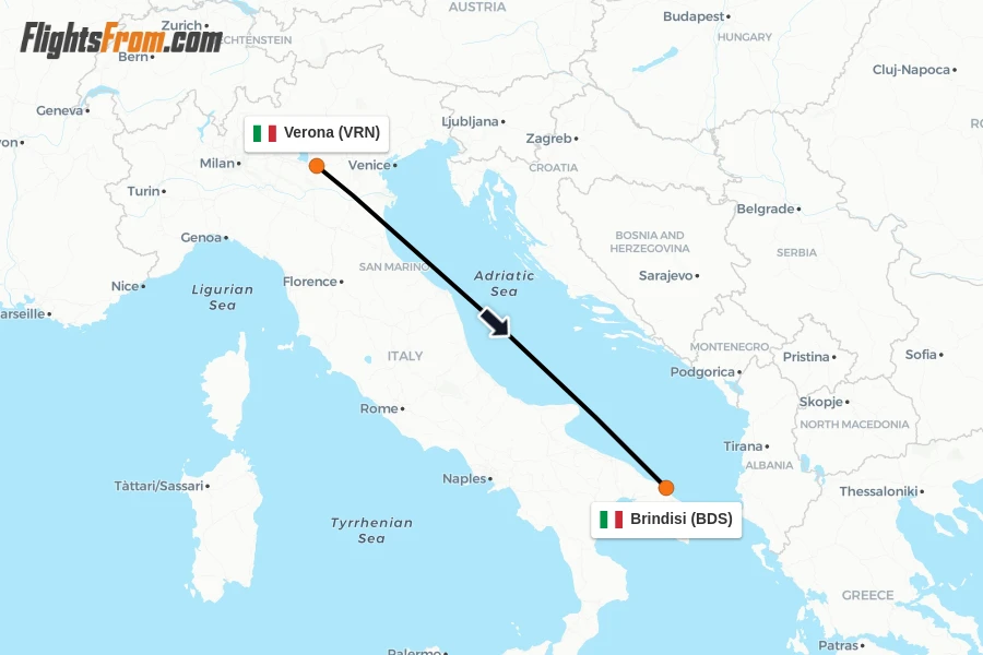 Flights from Verona to Brindisi route map