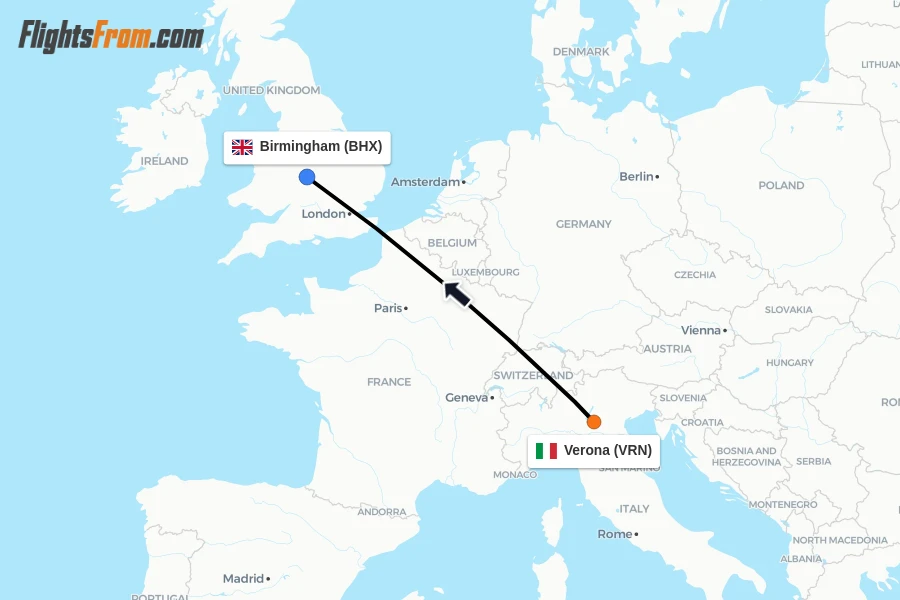 Flights from Verona to Birmingham route map
