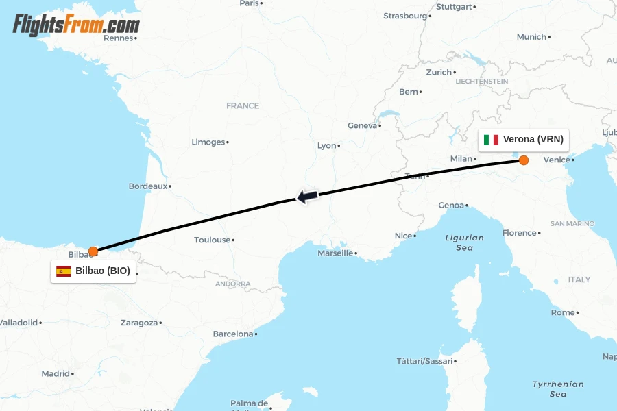 Flights from Verona to Bilbao route map
